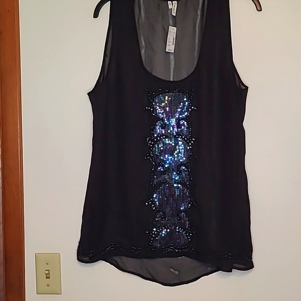 NWT Maurices sheer black blouse with sequins & beads L